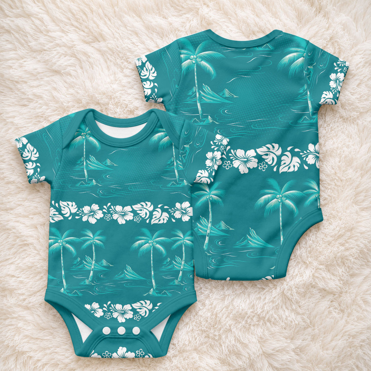 Cyan Hawaii Palm Tree Hibiscus Baby Onesie Fantasy Summer Vibe