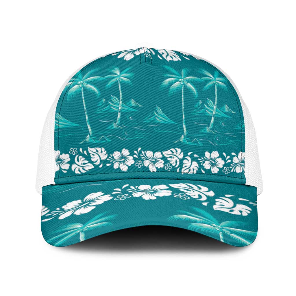 Cyan Hawaii Palm Tree Hibiscus Baseball Net Cap Fantasy Summer Vibe LT01 One Size White Cyan - Polynesian Pride