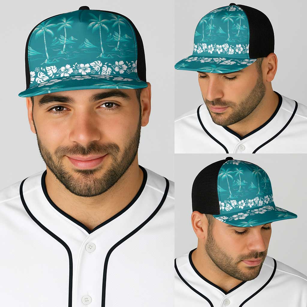 Cyan Hawaii Palm Tree Hibiscus Baseball Net Cap Fantasy Summer Vibe LT01 - Polynesian Pride