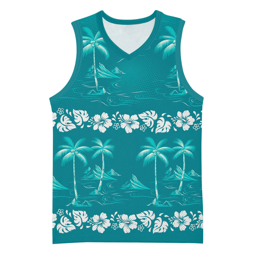 Cyan Hawaii Palm Tree Hibiscus Basketball Jersey Fantasy Summer Vibe LT01 Unisex Cyan - Polynesian Pride