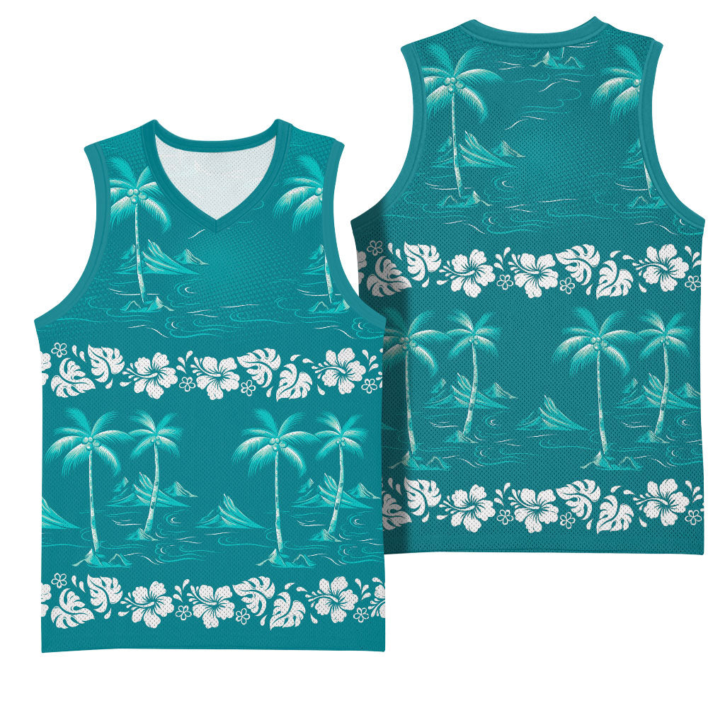Cyan Hawaii Palm Tree Hibiscus Basketball Jersey Fantasy Summer Vibe LT01 - Polynesian Pride