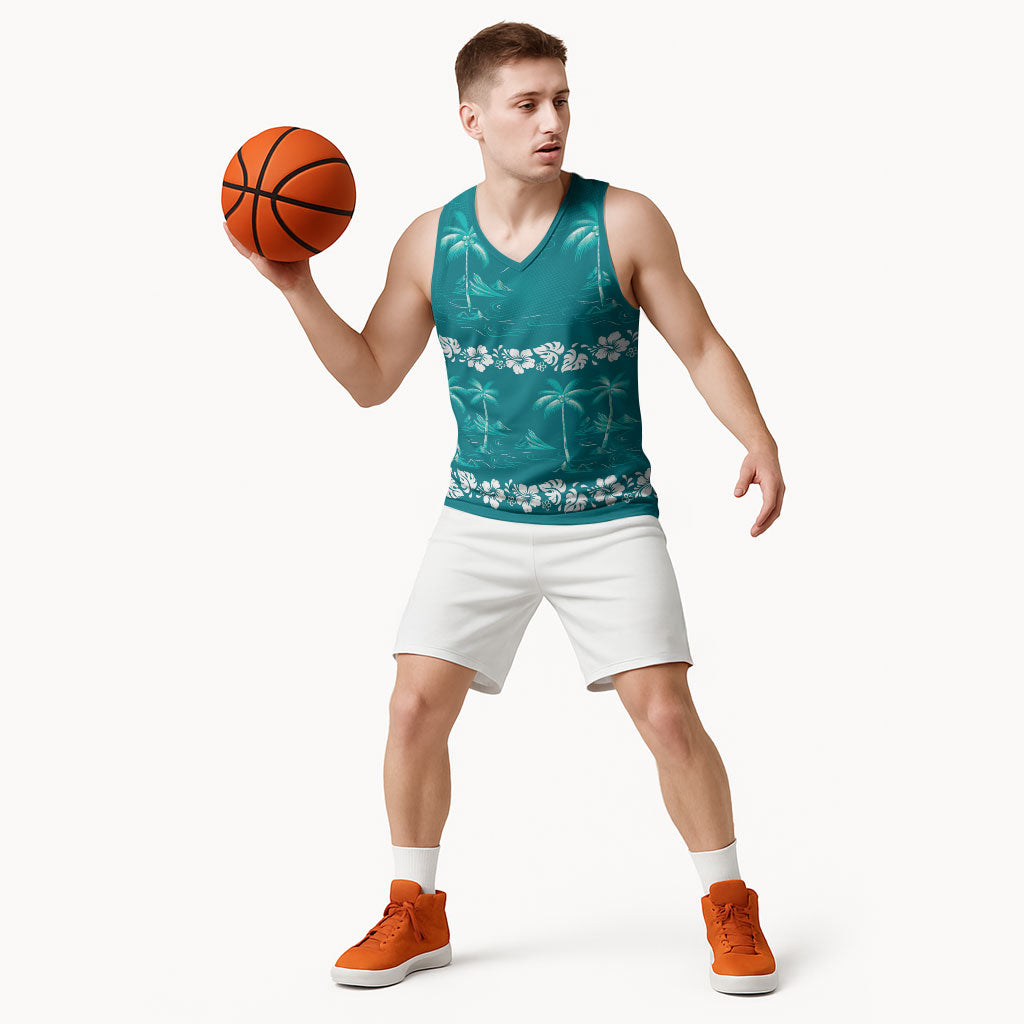 Cyan Hawaii Palm Tree Hibiscus Basketball Jersey Fantasy Summer Vibe LT01 - Polynesian Pride