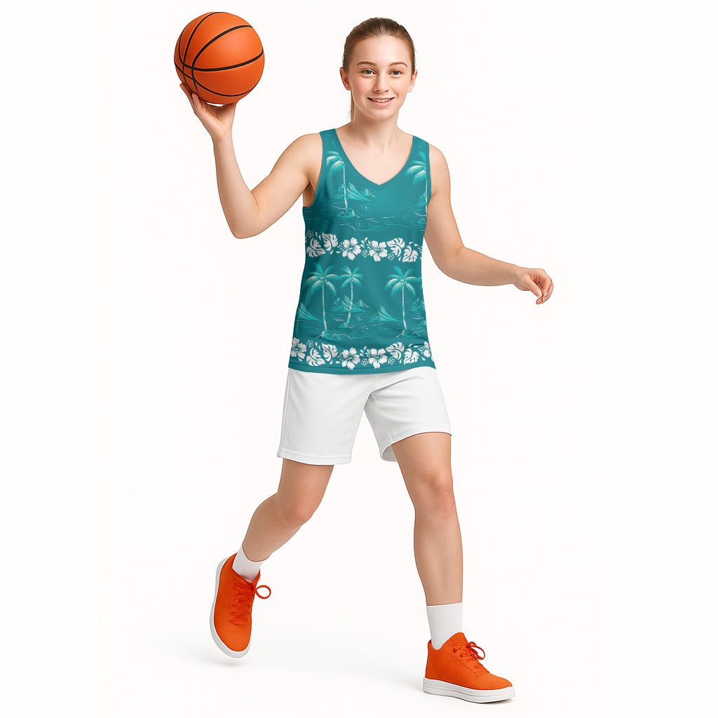 Cyan Hawaii Palm Tree Hibiscus Basketball Jersey Fantasy Summer Vibe LT01 - Polynesian Pride