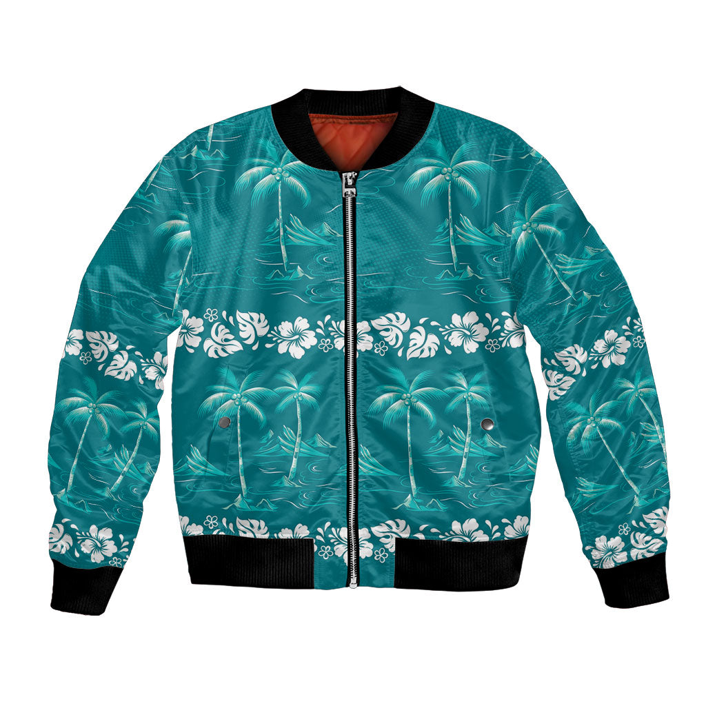 Cyan Hawaii Palm Tree Hibiscus Bomber Jacket Fantasy Summer Vibe LT01 Unisex Cyan - Polynesian Pride