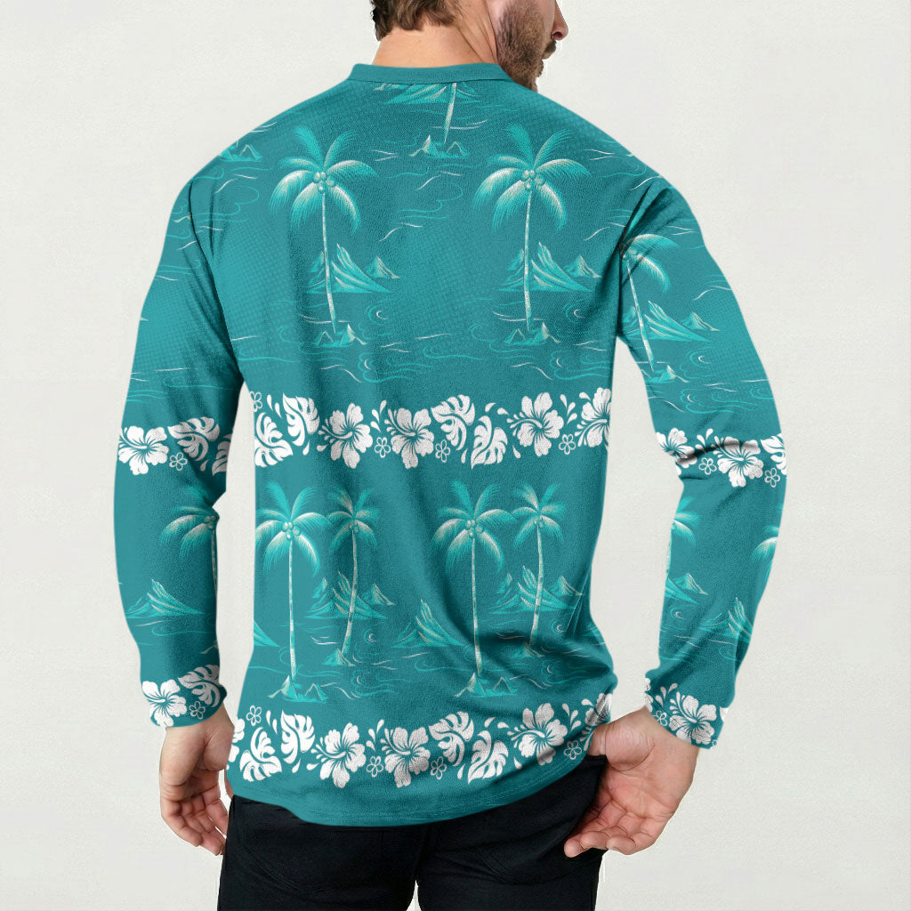 Cyan Hawaii Palm Tree Hibiscus Button Sweatshirt Fantasy Summer Vibe LT01 - Polynesian Pride