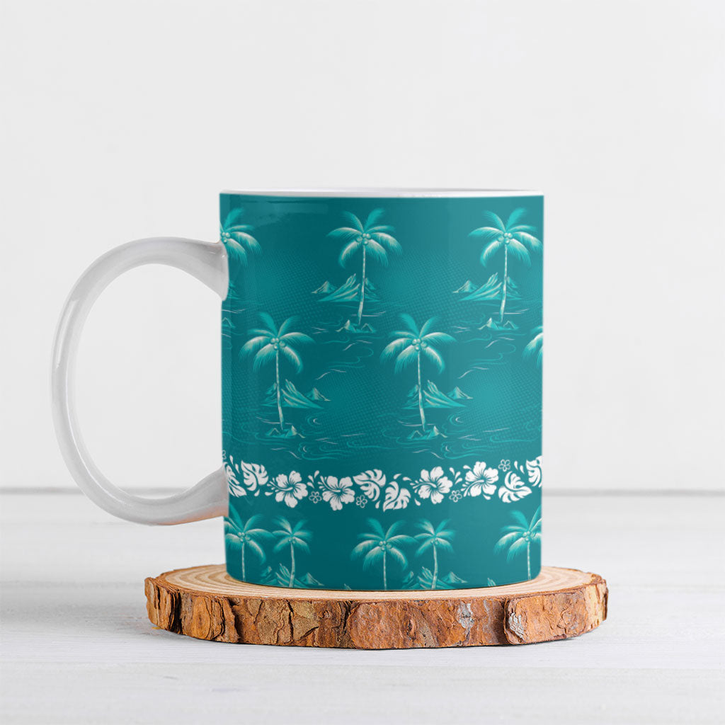 Cyan Hawaii Palm Tree Hibiscus Ceramic Mug Fantasy Summer Vibe LT01 Cyan - Polynesian Pride