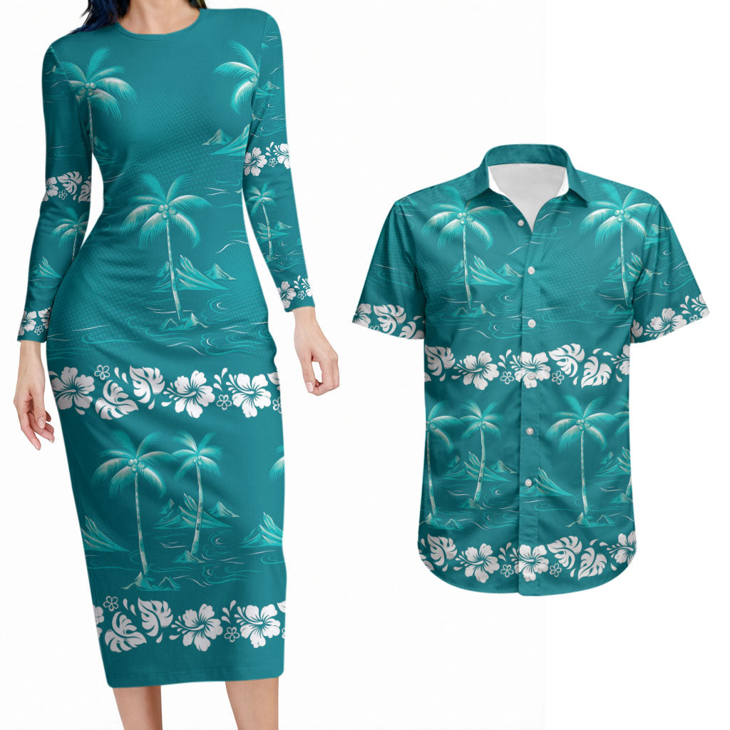 Cyan Hawaii Palm Tree Hibiscus Couples Matching Long Sleeve Bodycon Dress and Hawaiian Shirt Fantasy Summer Vibe LT01 Cyan - Polynesian Pride