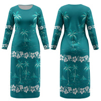 Cyan Hawaii Palm Tree Hibiscus Couples Matching Long Sleeve Bodycon Dress and Hawaiian Shirt Fantasy Summer Vibe LT01 - Polynesian Pride