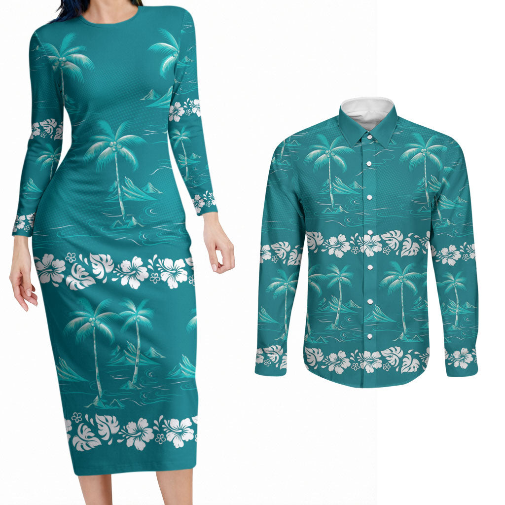 Cyan Hawaii Palm Tree Hibiscus Couples Matching Long Sleeve Bodycon Dress and Long Sleeve Button Shirt Fantasy Summer Vibe LT01 Cyan - Polynesian Pride