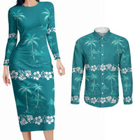 Cyan Hawaii Palm Tree Hibiscus Couples Matching Long Sleeve Bodycon Dress and Long Sleeve Button Shirt Fantasy Summer Vibe LT01 Cyan - Polynesian Pride