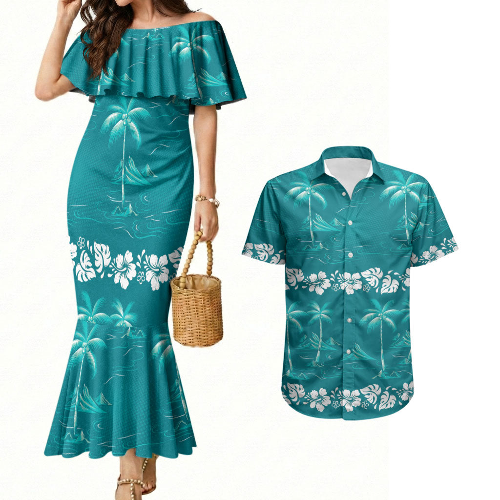 Cyan Hawaii Palm Tree Hibiscus Couples Matching Mermaid Dress and Hawaiian Shirt Fantasy Summer Vibe LT01 Cyan - Polynesian Pride