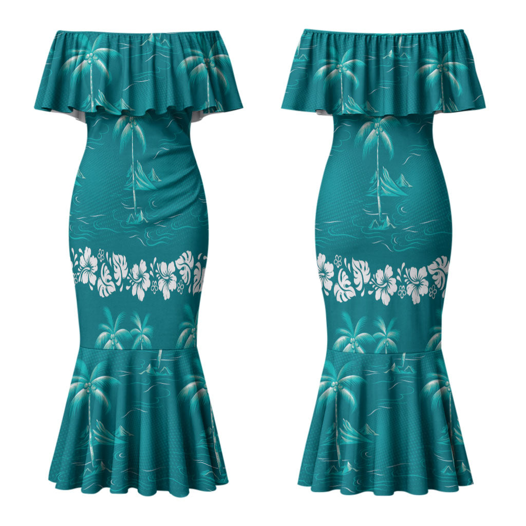 Cyan Hawaii Palm Tree Hibiscus Couples Matching Mermaid Dress and Hawaiian Shirt Fantasy Summer Vibe LT01 - Polynesian Pride