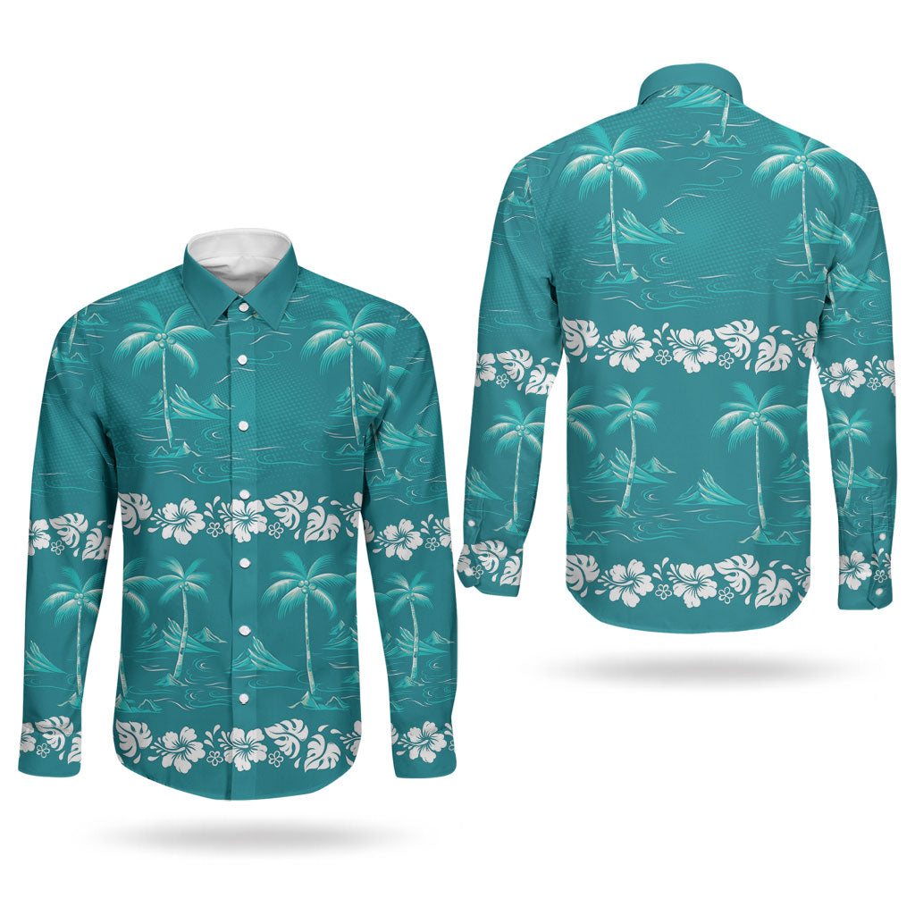 Cyan Hawaii Palm Tree Hibiscus Couples Matching Mermaid Dress and Long Sleeve Button Shirt Fantasy Summer Vibe LT01 - Polynesian Pride