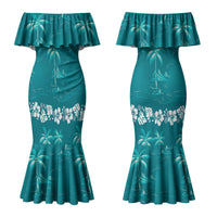 Cyan Hawaii Palm Tree Hibiscus Couples Matching Mermaid Dress and Long Sleeve Button Shirt Fantasy Summer Vibe LT01 - Polynesian Pride