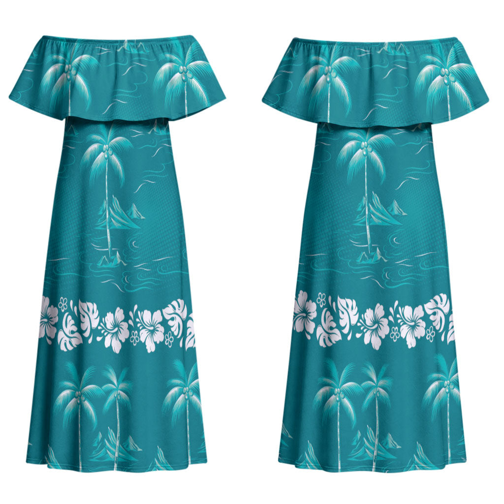 Cyan Hawaii Palm Tree Hibiscus Couples Matching Off Shoulder Maxi Dress and Hawaiian Shirt Fantasy Summer Vibe LT01 - Polynesian Pride