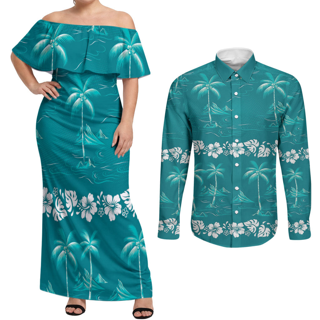Cyan Hawaii Palm Tree Hibiscus Couples Matching Off Shoulder Maxi Dress and Long Sleeve Button Shirt Fantasy Summer Vibe LT01 Cyan - Polynesian Pride