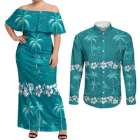 Cyan Hawaii Palm Tree Hibiscus Couples Matching Off Shoulder Maxi Dress and Long Sleeve Button Shirt Fantasy Summer Vibe LT01 Cyan - Polynesian Pride