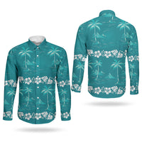 Cyan Hawaii Palm Tree Hibiscus Couples Matching Off Shoulder Maxi Dress and Long Sleeve Button Shirt Fantasy Summer Vibe LT01 - Polynesian Pride