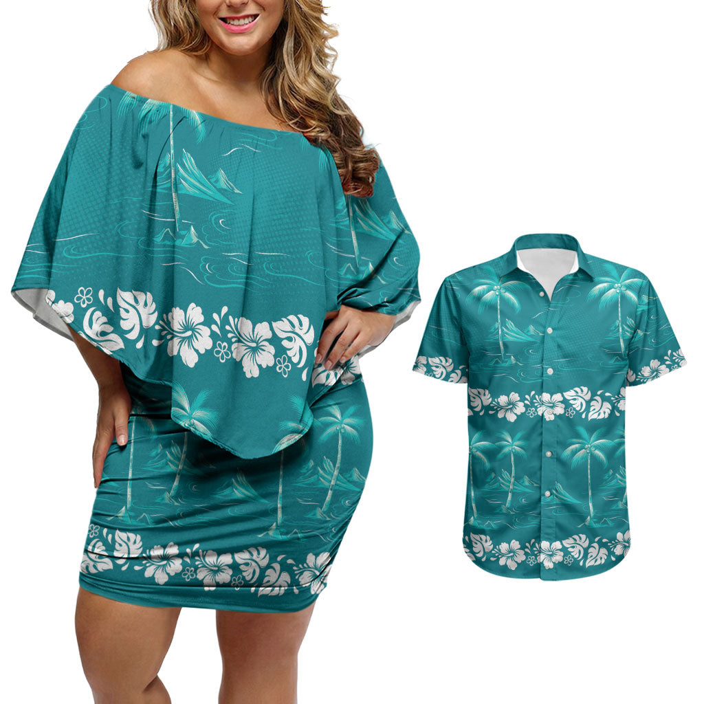 Cyan Hawaii Palm Tree Hibiscus Couples Matching Off Shoulder Short Dress and Hawaiian Shirt Fantasy Summer Vibe LT01 Cyan - Polynesian Pride
