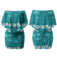 Cyan Hawaii Palm Tree Hibiscus Couples Matching Off Shoulder Short Dress and Hawaiian Shirt Fantasy Summer Vibe LT01 - Polynesian Pride