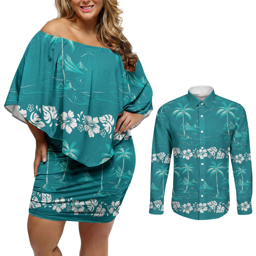 Cyan Hawaii Palm Tree Hibiscus Couples Matching Off Shoulder Short Dress and Long Sleeve Button Shirt Fantasy Summer Vibe LT01 Cyan - Polynesian Pride