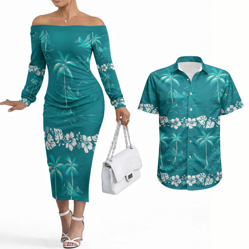 Cyan Hawaii Palm Tree Hibiscus Couples Matching Off The Shoulder Long Sleeve Dress and Hawaiian Shirt Fantasy Summer Vibe LT01 Cyan - Polynesian Pride