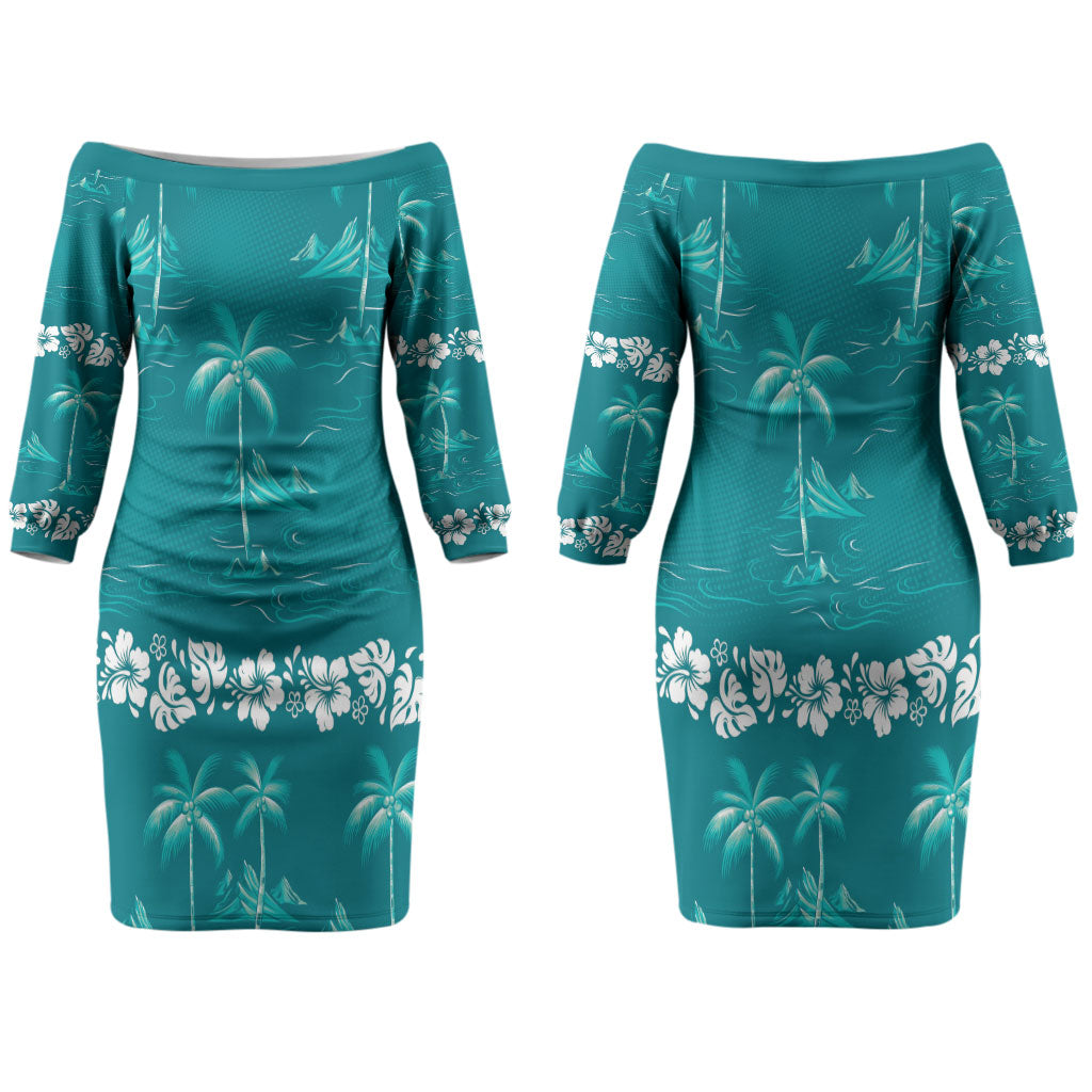 Cyan Hawaii Palm Tree Hibiscus Couples Matching Off The Shoulder Long Sleeve Dress and Hawaiian Shirt Fantasy Summer Vibe LT01 - Polynesian Pride