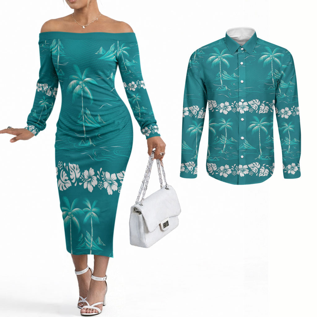 Cyan Hawaii Palm Tree Hibiscus Couples Matching Off The Shoulder Long Sleeve Dress and Long Sleeve Button Shirt Fantasy Summer Vibe LT01 Cyan - Polynesian Pride