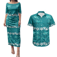 Cyan Hawaii Palm Tree Hibiscus Couples Matching Puletasi and Hawaiian Shirt Fantasy Summer Vibe LT01 Cyan - Polynesian Pride