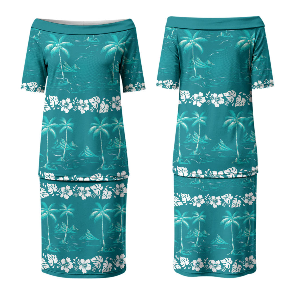Cyan Hawaii Palm Tree Hibiscus Couples Matching Puletasi and Hawaiian Shirt Fantasy Summer Vibe LT01 - Polynesian Pride
