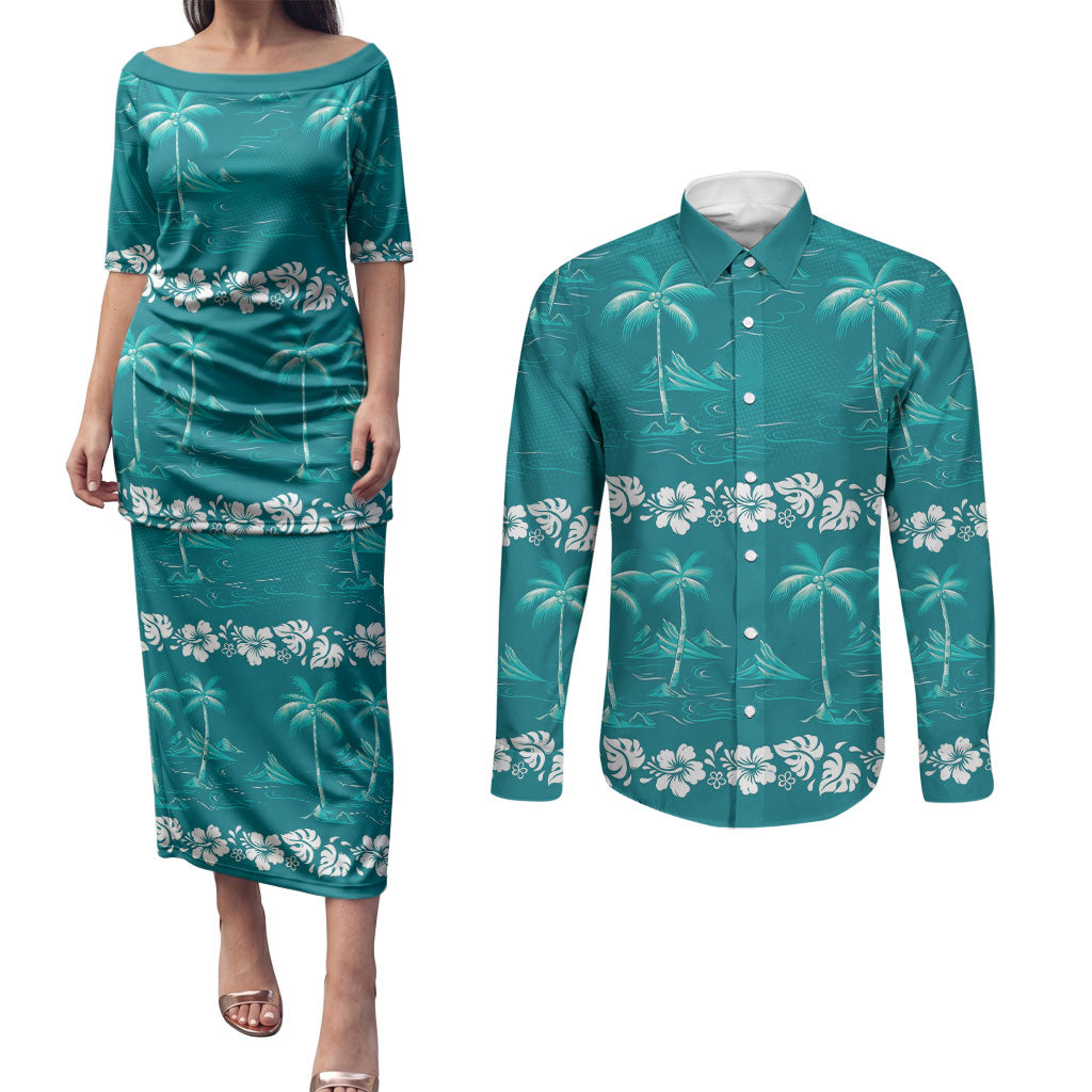 Cyan Hawaii Palm Tree Hibiscus Couples Matching Puletasi and Long Sleeve Button Shirt Fantasy Summer Vibe LT01 Cyan - Polynesian Pride