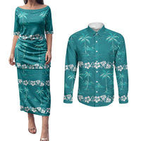 Cyan Hawaii Palm Tree Hibiscus Couples Matching Puletasi and Long Sleeve Button Shirt Fantasy Summer Vibe LT01 Cyan - Polynesian Pride
