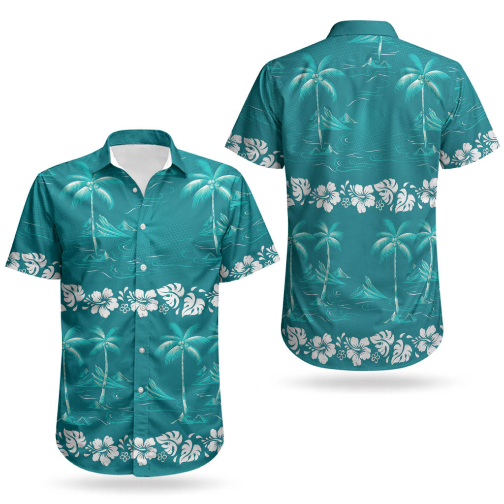 Cyan Hawaii Palm Tree Hibiscus Couples Matching Short Sleeve Bodycon Dress and Hawaiian Shirt Fantasy Summer Vibe LT01 - Polynesian Pride