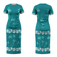 Cyan Hawaii Palm Tree Hibiscus Couples Matching Short Sleeve Bodycon Dress and Hawaiian Shirt Fantasy Summer Vibe LT01 - Polynesian Pride