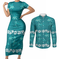 Cyan Hawaii Palm Tree Hibiscus Couples Matching Short Sleeve Bodycon Dress and Long Sleeve Button Shirt Fantasy Summer Vibe LT01 Cyan - Polynesian Pride