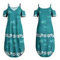 Cyan Hawaii Palm Tree Hibiscus Couples Matching Summer Maxi Dress and Long Sleeve Button Shirt Fantasy Summer Vibe LT01 - Polynesian Pride