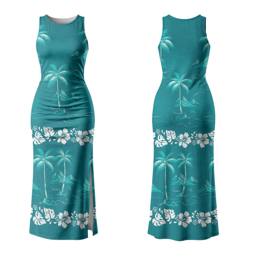 Cyan Hawaii Palm Tree Hibiscus Couples Matching Tank Maxi Dress and Long Sleeve Button Shirt Fantasy Summer Vibe LT01 - Polynesian Pride