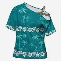 Cyan Hawaii Palm Tree Hibiscus Cross Shoulder Shirt Fantasy Summer Vibe LT01 Female Cyan - Polynesian Pride