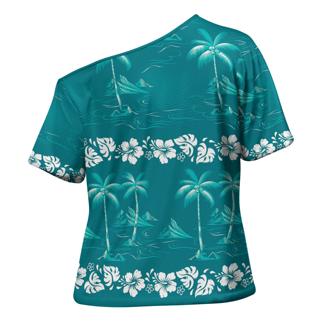 Cyan Hawaii Palm Tree Hibiscus Cross Shoulder Shirt Fantasy Summer Vibe LT01 - Polynesian Pride