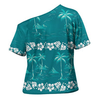 Cyan Hawaii Palm Tree Hibiscus Cross Shoulder Shirt Fantasy Summer Vibe LT01 - Polynesian Pride