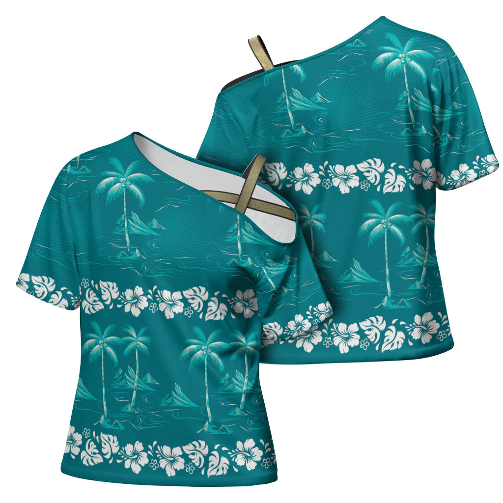 Cyan Hawaii Palm Tree Hibiscus Cross Shoulder Shirt Fantasy Summer Vibe LT01 - Polynesian Pride