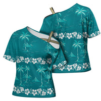 Cyan Hawaii Palm Tree Hibiscus Cross Shoulder Shirt Fantasy Summer Vibe LT01 - Polynesian Pride