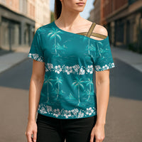Cyan Hawaii Palm Tree Hibiscus Cross Shoulder Shirt Fantasy Summer Vibe LT01 - Polynesian Pride