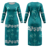 Cyan Hawaii Palm Tree Hibiscus Family Matching Long Sleeve Bodycon Dress and Hawaiian Shirt Fantasy Summer Vibe LT01 Mom's Dress Cyan - Polynesian Pride