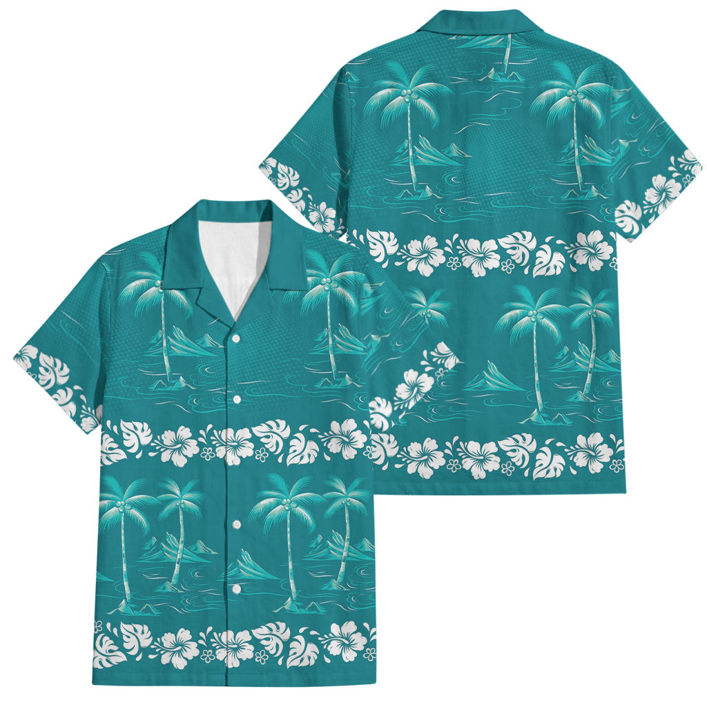 Cyan Hawaii Palm Tree Hibiscus Family Matching Long Sleeve Bodycon Dress and Hawaiian Shirt Fantasy Summer Vibe LT01 Dad's Shirt - Short Sleeve Cyan - Polynesian Pride