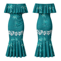 Cyan Hawaii Palm Tree Hibiscus Family Matching Mermaid Dress and Hawaiian Shirt Fantasy Summer Vibe LT01 Mom's Dress Cyan - Polynesian Pride