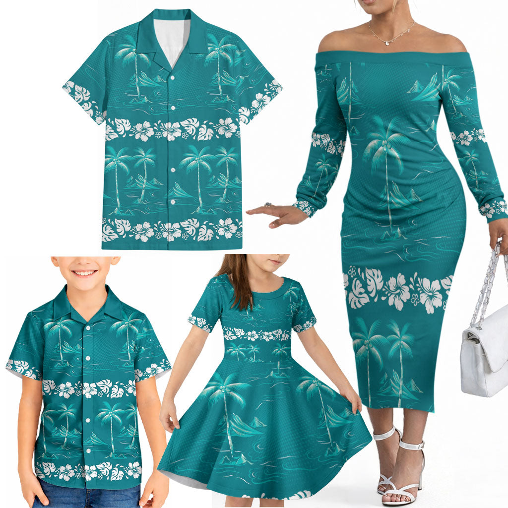 Cyan Hawaii Palm Tree Hibiscus Family Matching Off The Shoulder Long Sleeve Dress and Hawaiian Shirt Fantasy Summer Vibe LT01 - Polynesian Pride