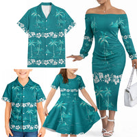 Cyan Hawaii Palm Tree Hibiscus Family Matching Off The Shoulder Long Sleeve Dress and Hawaiian Shirt Fantasy Summer Vibe LT01 - Polynesian Pride