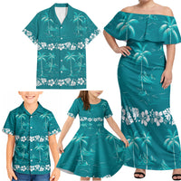 Cyan Hawaii Palm Tree Hibiscus Family Matching Off Shoulder Maxi Dress and Hawaiian Shirt Fantasy Summer Vibe LT01 - Polynesian Pride
