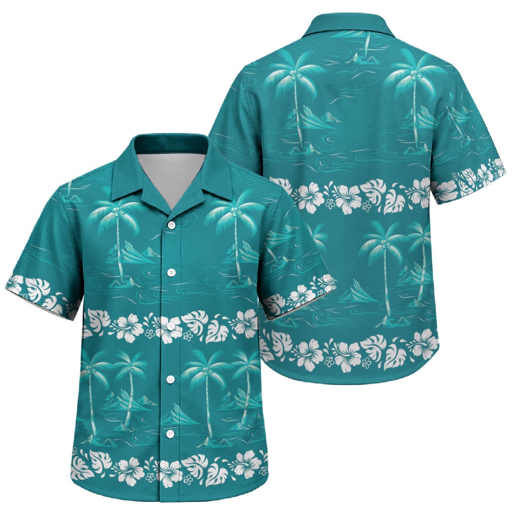 Cyan Hawaii Palm Tree Hibiscus Family Matching Off Shoulder Maxi Dress and Hawaiian Shirt Fantasy Summer Vibe LT01 Son's Shirt Cyan - Polynesian Pride